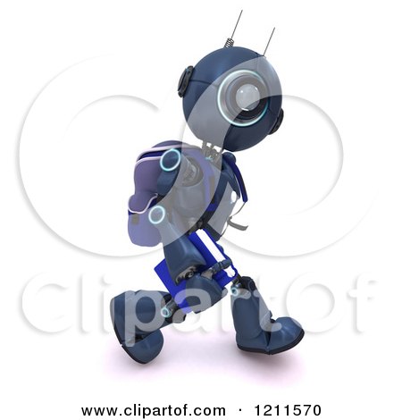 Clipart of a 3d Blue Android Robot Walking with a Backpack - Royalty Free CGI Illustration by KJ Pargeter