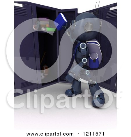 Clipart of a 3d Blue Android Robot Student Putting a Book in a Locker - Royalty Free CGI Illustration by KJ Pargeter