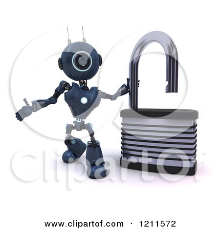 Clipart of a 3d Blue Android Robot with an Open Padlock - Royalty Free CGI Illustration by KJ Pargeter