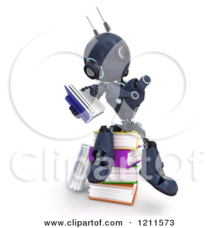 Clipart of a 3d Blue Android Robot Sitting and Reading on a Pile of Books - Royalty Free CGI Illustration by KJ Pargeter