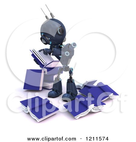 Clipart of a 3d Blue Android Robot Standing and Reading in a Circle of Books - Royalty Free CGI Illustration by KJ Pargeter