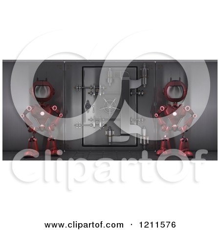 Clipart of 3d Red Android Robots Guarding a Bank Safe Vault - Royalty Free CGI Illustration by KJ Pargeter