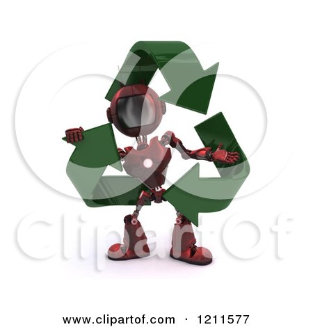 Clipart of a 3d Red Android Robot with Green Recycle Arrows - Royalty Free CGI Illustration by KJ Pargeter