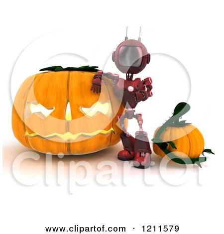 Clipart of a 3d Red Android Robot with Halloween Pumpkins - Royalty Free CGI Illustration by KJ Pargeter