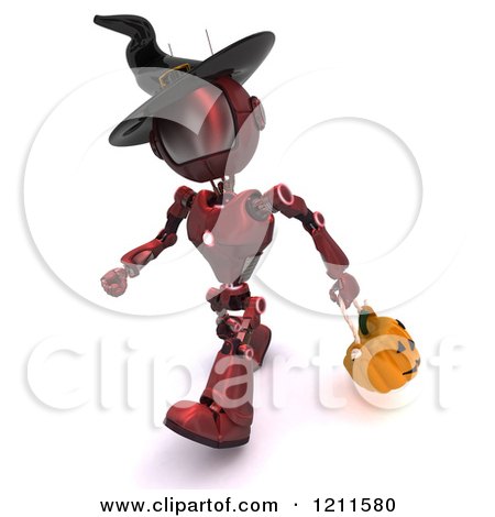 Clipart of a 3d Red Android Robot Trick or Treating on Halloween As a Witch - Royalty Free CGI Illustration by KJ Pargeter
