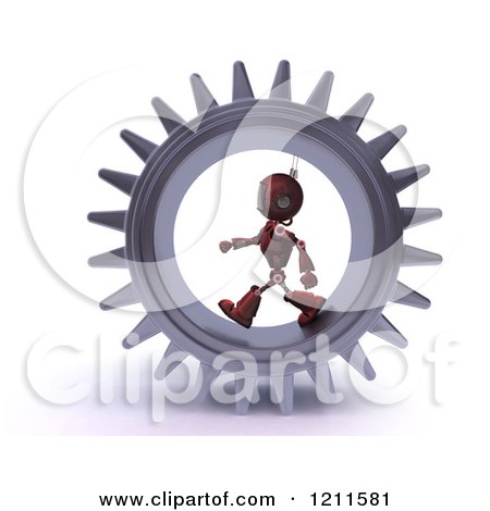 Clipart of a 3d Red Android Robot Walking in a Gear - Royalty Free CGI Illustration by KJ Pargeter