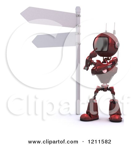 Clipart of a 3d Red Android Robot Thinking Under a Street Sign - Royalty Free CGI Illustration by KJ Pargeter