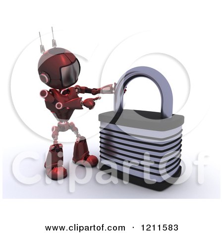 Clipart of a 3d Red Android Robot with a Locked Padlock - Royalty Free CGI Illustration by KJ Pargeter