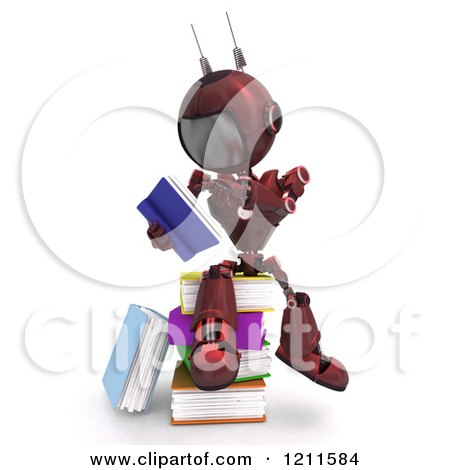 Clipart of a 3d Red Android Robot Sitting and Reading on a Pile of Books - Royalty Free CGI Illustration by KJ Pargeter