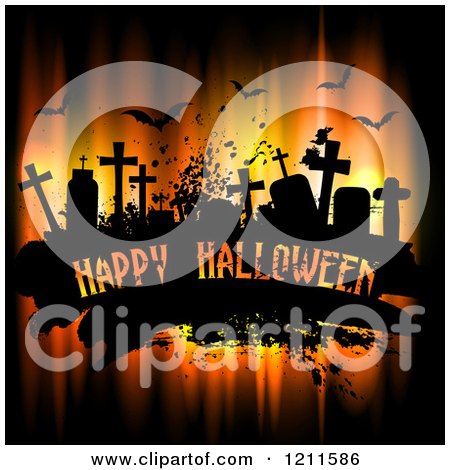 Clipart of a Happy Halloween Greeting on Black Grunge with Bats and Cemetery Tombstones over Lights - Royalty Free Vector Illustration by KJ Pargeter