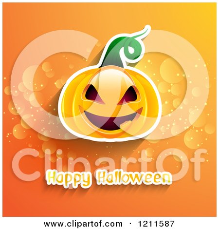 Clipart of a Happy Halloween Greeting with a Jackolantern on Orange with Flares - Royalty Free Vector Illustration by KJ Pargeter