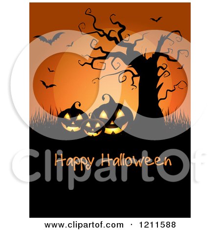 Clipart of a Happy Halloween Greeting with Jackolanterns Under a Bare Tree Full Moon and Bats over Black - Royalty Free Vector Illustration by KJ Pargeter