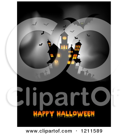 Clipart of a Happy Halloween Greeting with Bats and a Lit Haunted Mansion on Gray - Royalty Free Vector Illustration by KJ Pargeter