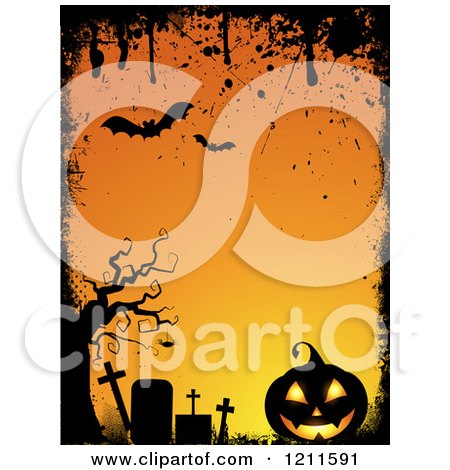Clipart of a Grungy Halloween Background with Bats Pumpkins and Tombstones Around Orange Copyspace - Royalty Free Vector Illustration by KJ Pargeter