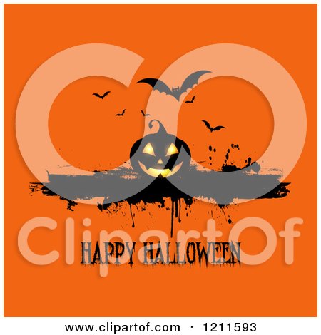 Clipart of a Happy Halloween Greeting with a Jackolantern and Bats with Grunge on Orange - Royalty Free Vector Illustration by KJ Pargeter