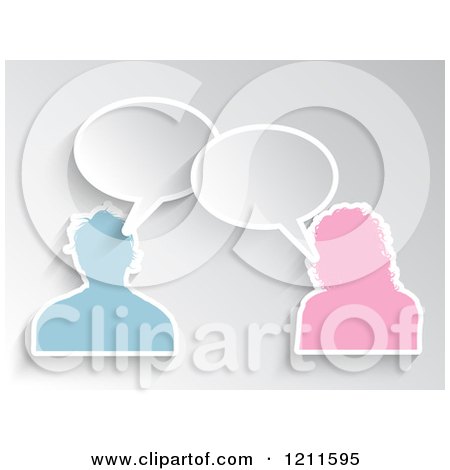 Clipart of a Pink and Blue Male and Female Avatars Talking on Gray - Royalty Free Vector Illustration by KJ Pargeter