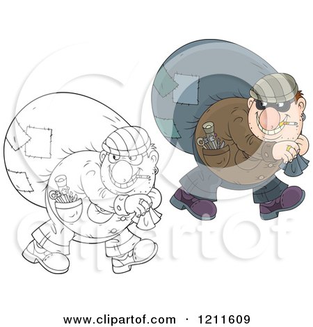 Cartoon of an Outlined and Colored House Robber Smoking a Cigarette and Carrying a Sack over His Shoulder While Looking Back - Royalty Free Vector Clipart by Alex Bannykh