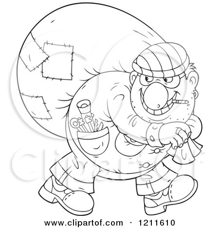 Cartoon of an Outlined House Robber Smoking a Cigarette and Carrying a Sack over His Shoulder While Looking Back - Royalty Free Vector Clipart by Alex Bannykh