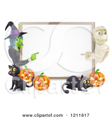 Cartoon of a Happy Mummy Witch Pumpkins and Black Cats Around a Blank Sign - Royalty Free Vector Clipart by AtStockIllustration