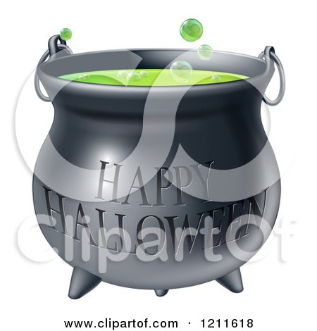 Cartoon of a Bubbly Witch Cauldron with Happy Halloween Text - Royalty Free Vector Clipart by AtStockIllustration