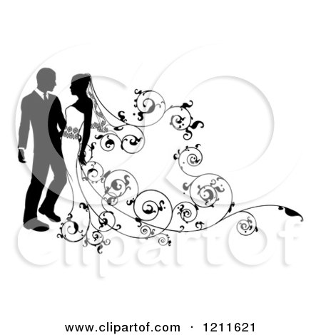 Clipart of a Black and White Silhouetted Wedding Couple with Ornate Swirls 2 - Royalty Free Vector Illustration by AtStockIllustration