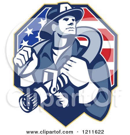 Retro Fire Fighter Man Holding a Hose on His Shoulders over an American Flag Posters, Art Prints