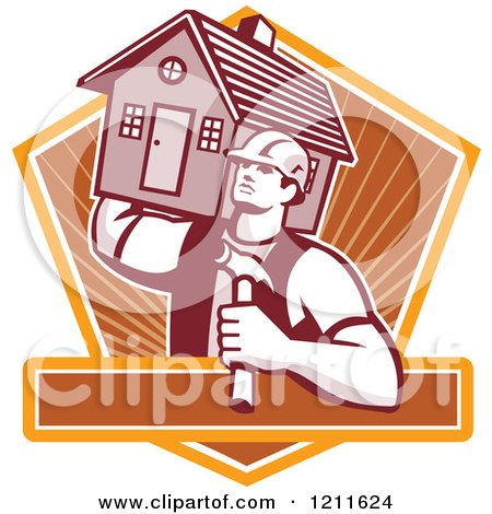 Clipart of a Retro Carpenter Man Carrying a House on His Shoulder over a Shield and Text Bar - Royalty Free Vector Illustration by patrimonio
