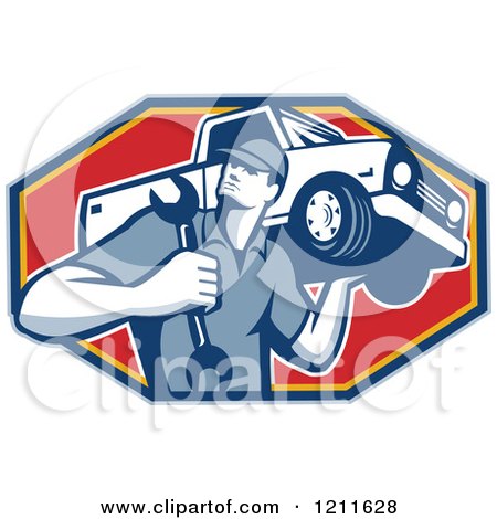 Clipart of a Retro Car Mechanic Holding a Truck on His Shoulder over a Red Octagon - Royalty Free Vector Illustration by patrimonio