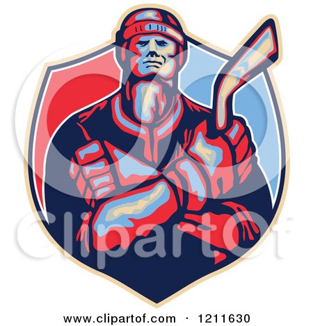 Clipart of a Retro Hockey Player Holding a Stick and Crossing His Arms over a Shield - Royalty Free Vector Illustration by patrimonio