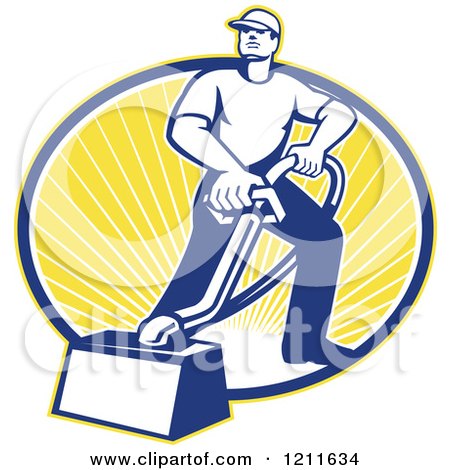 Clipart of a Retro Carpet Cleaner Man with a Vacuum over an Oval of Sunshine - Royalty Free Vector Illustration by patrimonio