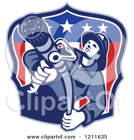 Clipart of a Retro Fire Fighter Man Holding a Hose over an American Flag Shield - Royalty Free Vector Illustration by patrimonio