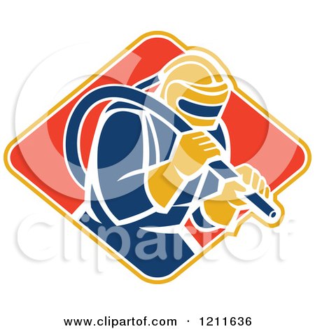 Clipart of a Retro Sandblaster in a Helmet, Holding a Hose over a Diamond - Royalty Free Vector Illustration by patrimonio