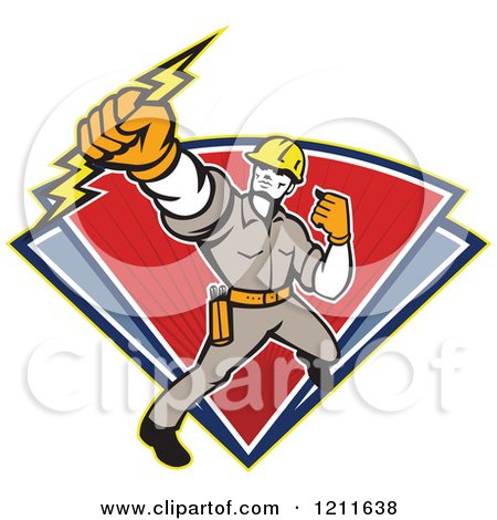 Clipart of a Retro Electrician or Lineman Holding a Bolt over Red and Blue Triangles - Royalty Free Vector Illustration by patrimonio