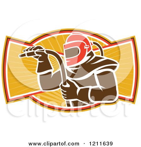Clipart of a Retro Sandblaster in a Helmet, Holding a Hose over Rays - Royalty Free Vector Illustration by patrimonio