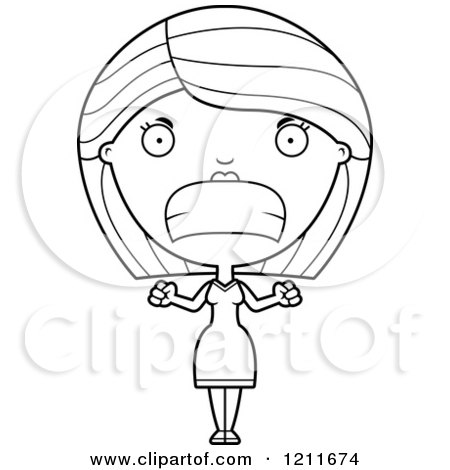 Cartoon of a Black and White Mad Woman Waving Her Fists - Royalty Free Vector Clipart by Cory Thoman