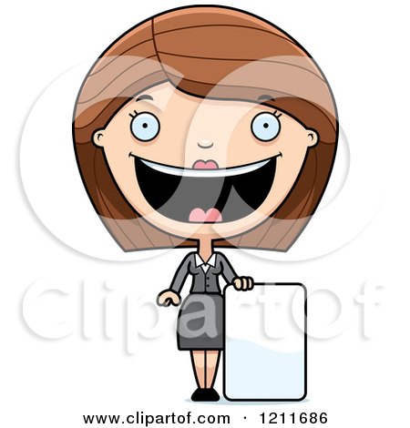 Cartoon of a Happy Business Woman Standing with a Sign - Royalty Free Vector Clipart by Cory Thoman