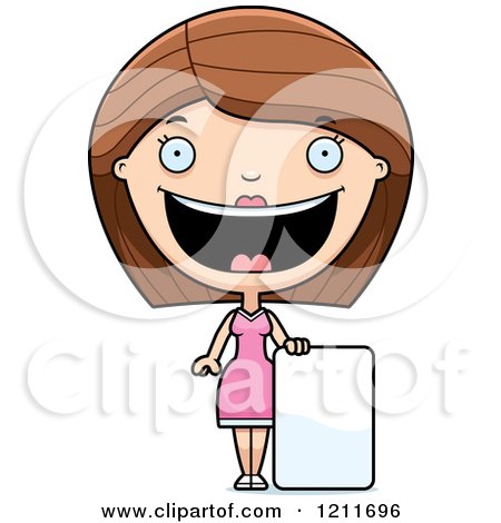 Cartoon of a Happy Woman Standing with a Sign - Royalty Free Vector Clipart by Cory Thoman