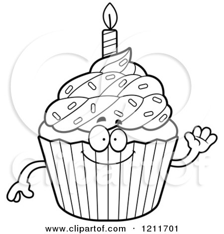 Cartoon of a Black and White Waving Birthday Cupcake Mascot - Royalty Free Vector Clipart by Cory Thoman