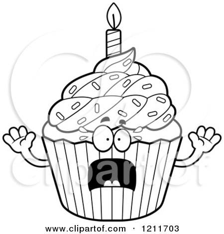Cartoon of a Black and White Scared Birthday Cupcake Mascot - Royalty Free Vector Clipart by Cory Thoman