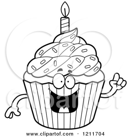 Cartoon of a Black and White Smart Birthday Cupcake Mascot with an Idea - Royalty Free Vector Clipart by Cory Thoman