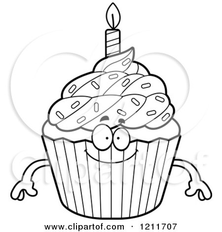Cartoon of a Black and White Happy Birthday Cupcake Mascot - Royalty Free Vector Clipart by Cory Thoman