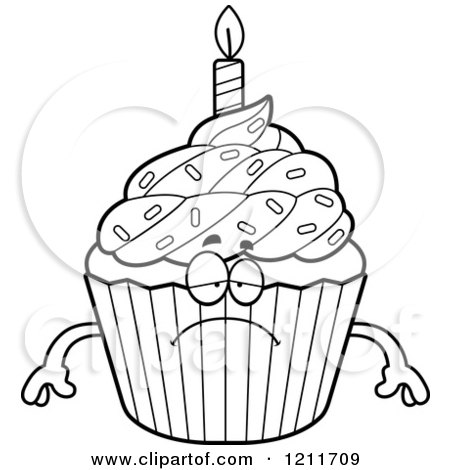 Cartoon of a Black and White Depressed Birthday Cupcake Mascot - Royalty Free Vector Clipart by Cory Thoman