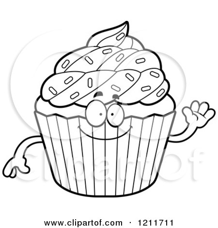 Cartoon of a Black and White Waving Sprinkled Cupcake Mascot - Royalty Free Vector Clipart by Cory Thoman