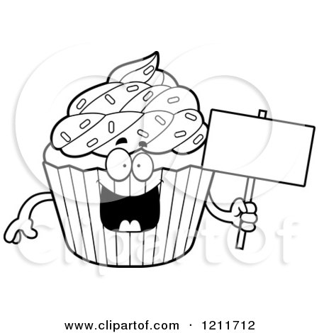 Cartoon of a Black and White Sprinkled Cupcake Mascot Holding a Sign - Royalty Free Vector Clipart by Cory Thoman