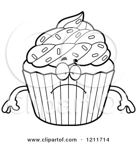 Cartoon of a Black and White Depressed Sprinkled Cupcake Mascot - Royalty Free Vector Clipart by Cory Thoman