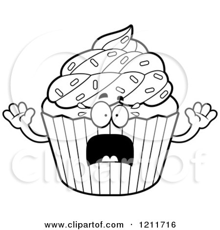 Cartoon of a Black and White Scared Sprinkled Cupcake Mascot - Royalty Free Vector Clipart by Cory Thoman