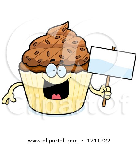 Cartoon of a Chocolate Sprinkled Cupcake Mascot Holding a Sign - Royalty Free Vector Clipart by Cory Thoman