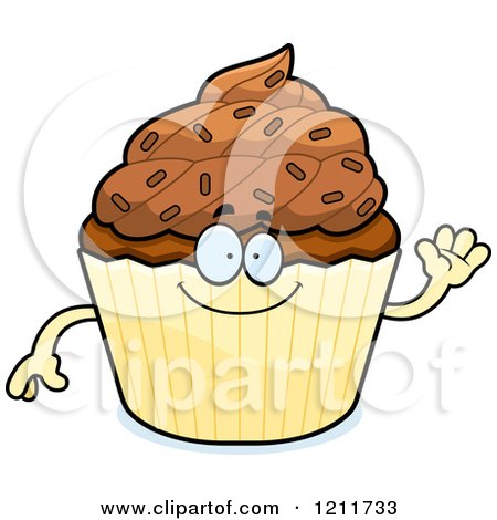 Cartoon of a Waving Chocolate Sprinkled Cupcake Mascot - Royalty Free Vector Clipart by Cory Thoman