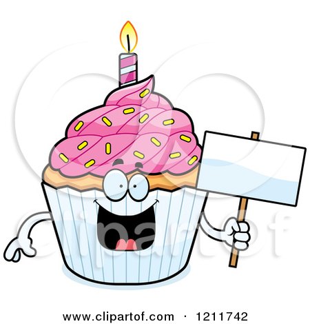 Cartoon of a Birthday Cupcake Mascot Holding a Sign - Royalty Free Vector Clipart by Cory Thoman