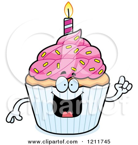 Cartoon of a Smart Birthday Cupcake Mascot with an Idea - Royalty Free Vector Clipart by Cory Thoman